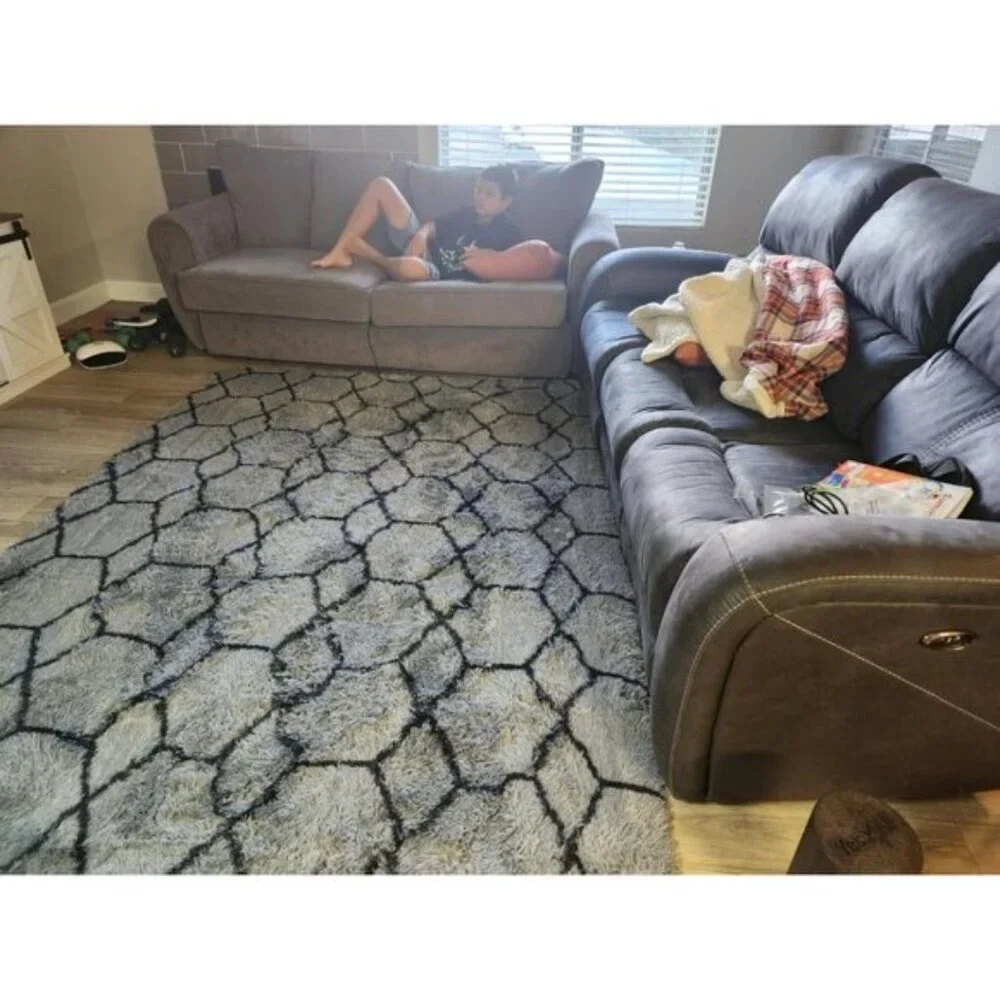 6x9 Area Rug, Washable Fluffy Grey Black Geometric Shag Carpet for Home Decor